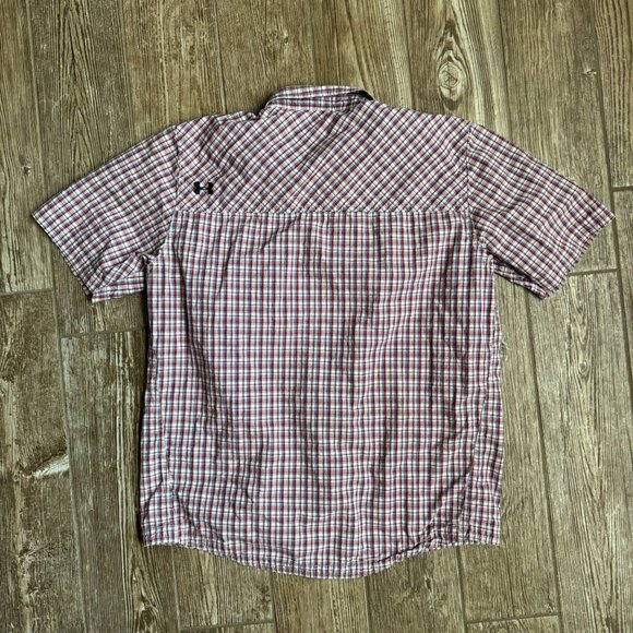 Under Armour Mens‎ XL Plaid Button Up Short Sleeve Shirt Cotton Blend Red Blue - Picture 7 of 7